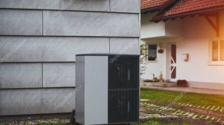 Aussengerät einer Wärmepumpe neben einem Wohnhaus
