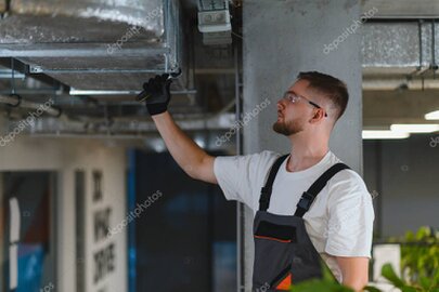 Monteur prüft Sanitär- und Heizungsinstallation in einem Technikraum